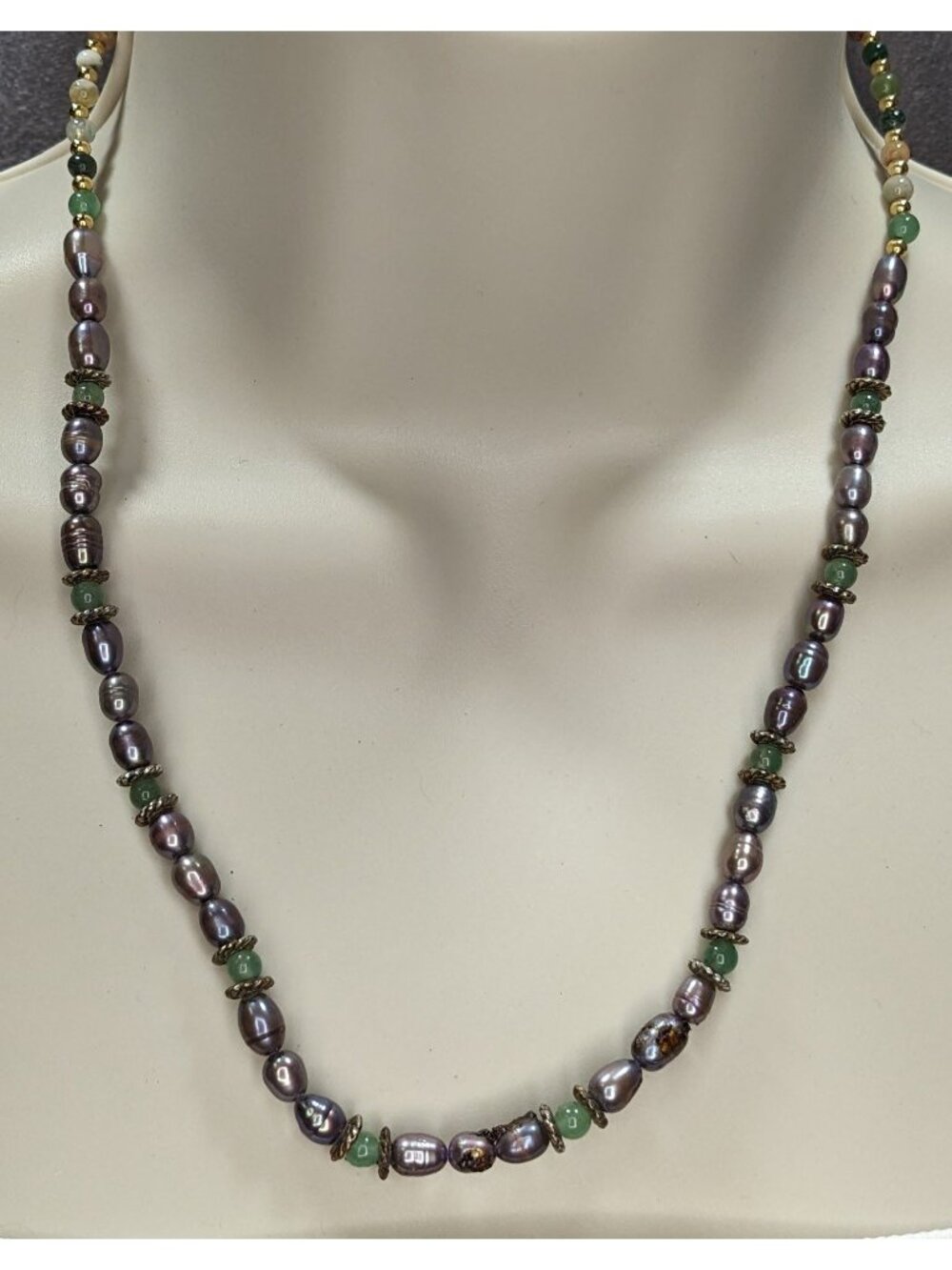 Vintage Handmade Gemstone & Purple Cultured Pearl Necklace Gold Tone Whimsical N